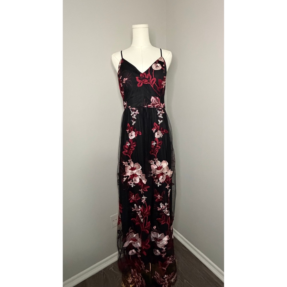 Windsor Black Floral Embroidered Mesh Maxi Dress Large Romantic Formal Large
